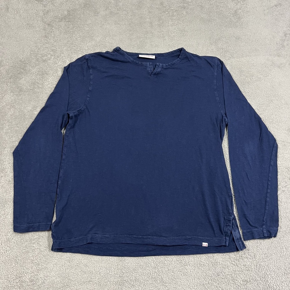 Orlebar Brown Ackley Slub Shirt Mens Large Blue Garment-Dyed Long Sleeve V Neck